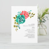 Aquamarine Rote Rosen Boho Floral Wedding Einladung (Stehend Vorderseite)