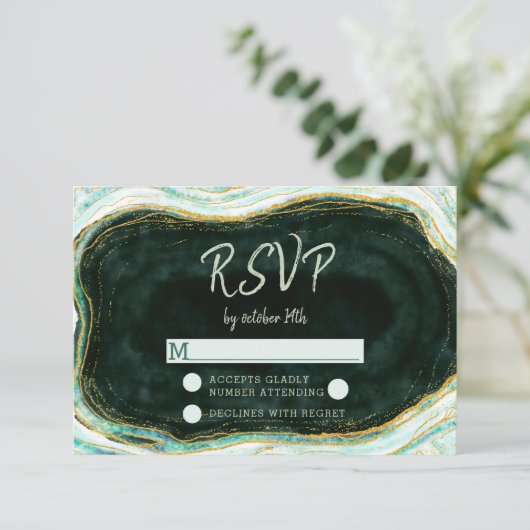 Aquamarine RSVP-Reaktion auf Green & Gold-Agate RSVP Karte (Stehend Vorderseite)