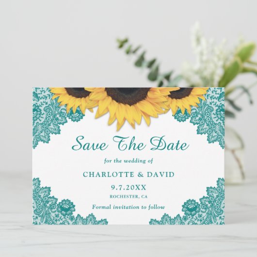 Aquamarine Rustikal-Chic-Sonnenblumenhochzeit Save The Date (Stehend Vorderseite)