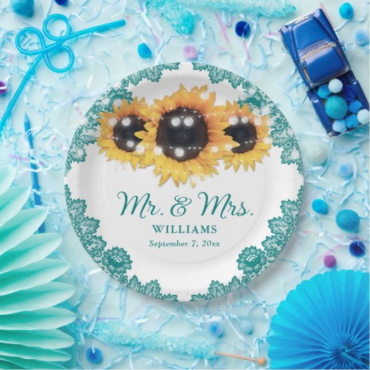 Aquamarine Rustikal-Chic-Spitzen-Sonnenblumen-Hoch Pappteller (Party)