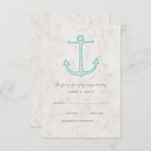 Aquamarine Rustikale Ankerhochzeitkarte RSVP Karte (Vorne/Hinten)