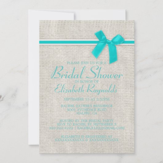 Aquamarine Rustikale Burlap Bridal Dusche Einladun Einladung (Vorderseite)