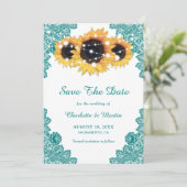 Aquamarine Rustikale Chic Lace Sonnenblume Save The Date (Stehend Vorderseite)