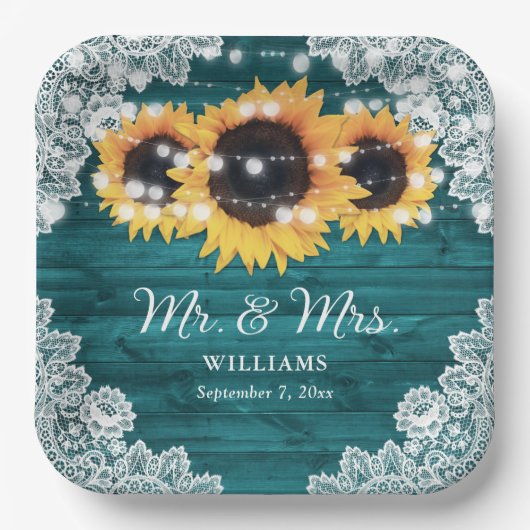 Aquamarine Rustikale Hochzeit der Sonnenblumen Pappteller (Vorderseite)