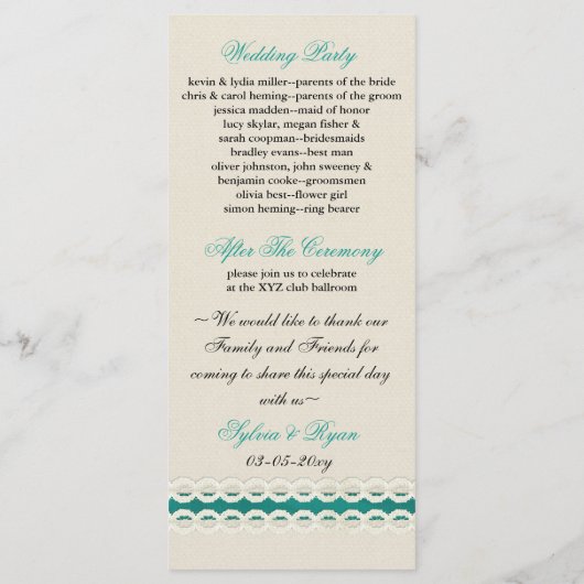 Aquamarine Rustikale Hochzeit Programm (Rückseite)