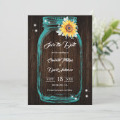 Aquamarine Rustikale Holz Mason Jar Sonnenblumenho Save The Date (Stehend Vorderseite)