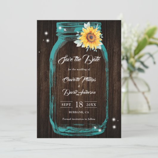 Aquamarine Rustikale Holz Mason Jar Sonnenblumenho Save The Date (Stehend Vorderseite)