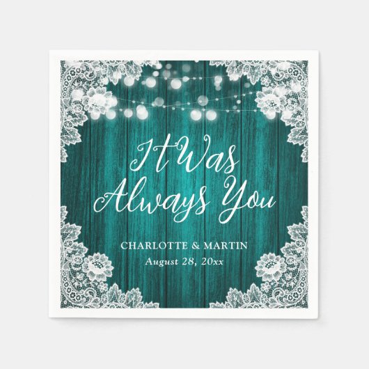 Aquamarine Rustikale Holzblütenhochzeit Serviette (Vorderseite)