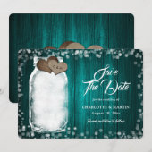 Aquamarine rustikale Mason Jar String Lights Wood  Save The Date (Vorne/Hinten)