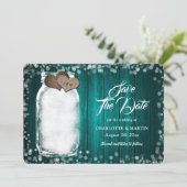 Aquamarine rustikale Mason Jar String Lights Wood Save The Date (Stehend Vorderseite)