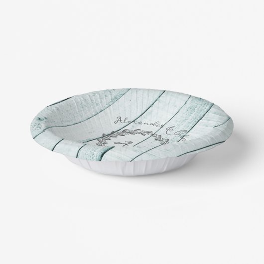 Aquamarine Rustikale Monogramm-Hochzeitspapierschü Pappteller (Gewinkelt)