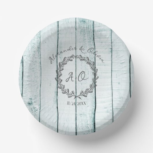 Aquamarine Rustikale Monogramm-Hochzeitspapierschü Pappteller (Vorderseite)