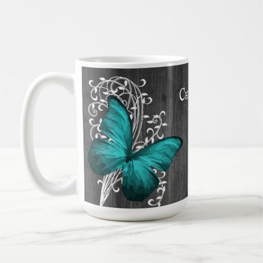 Aquamarine rustikale Schmetterling Personalisierte Kaffeetasse (Links)