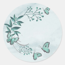 aquamarine Schmetterlinge Blätter Blütenblütenblüt Runder Aufkleber