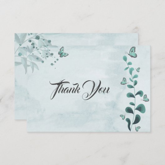 aquamarine Schmetterlinge Blätter botanisch Dankeskarte (Vorne/Hinten)