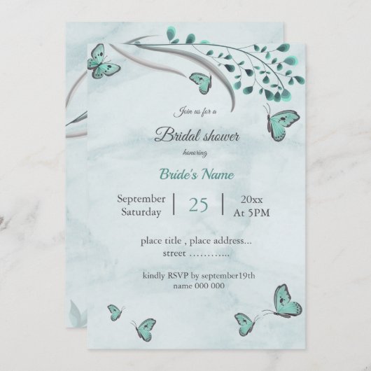 aquamarine Schmetterlinge und Blätter Brautparty Einladung (Vorne/Hinten)