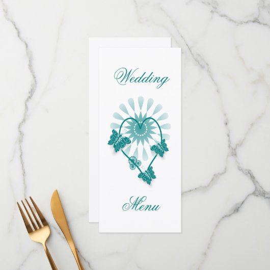Aquamarine Schmetterlinge zum Hochzeitessen Herzst Menükarte (Vorderseite/Rückseite Beispiel)