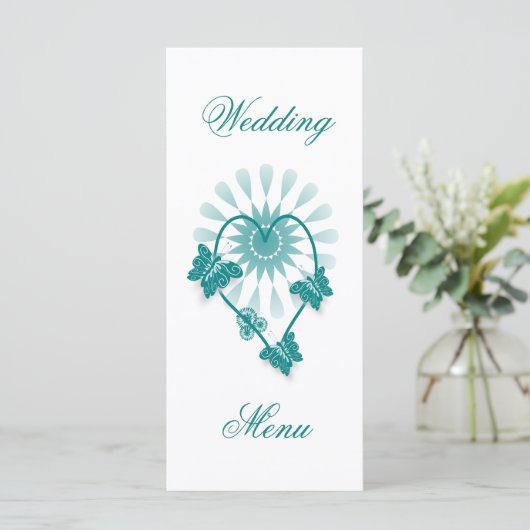 Aquamarine Schmetterlinge zum Hochzeitessen Herzst Menükarte (Stehend Vorderseite)