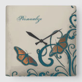 Aquamarine Schmetterlingsdrehscheibe Quadratische Wanduhr (Vorderseite)