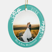 Aquamarine Schneeflocke 1. Weihnachtsfeier Keramik Ornament (Links)