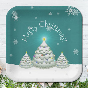 Aquamarine Schneeweihnachtsbäume Pappteller