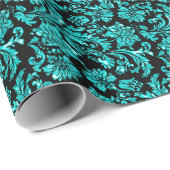 Aquamarine, schwarz-grüne Damasken Geschenkpapier (Rolleneckpunkt)