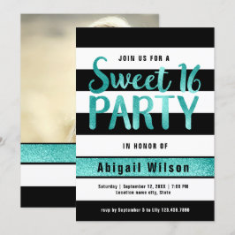 Aquamarine Schwarz-weiße 16 . Geburtstag-Geburtsta Einladung