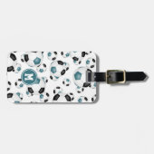 aquamarine schwarze Fußbälle mit Monogramm Gepäckanhänger (Vorderseite horizontal)