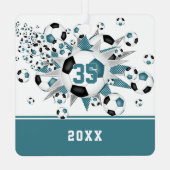aquamarine schwarze Fußballstars personalisiert Ornament Aus Metall (Rückseite)