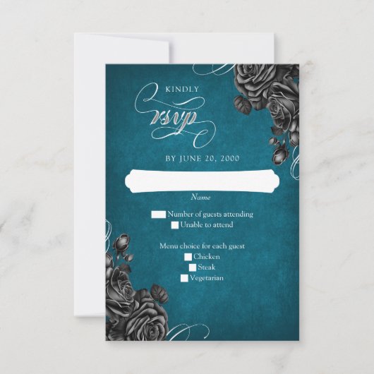 Aquamarine Schwarze Rose Hochzeit RSVP Karte (Vorderseite)