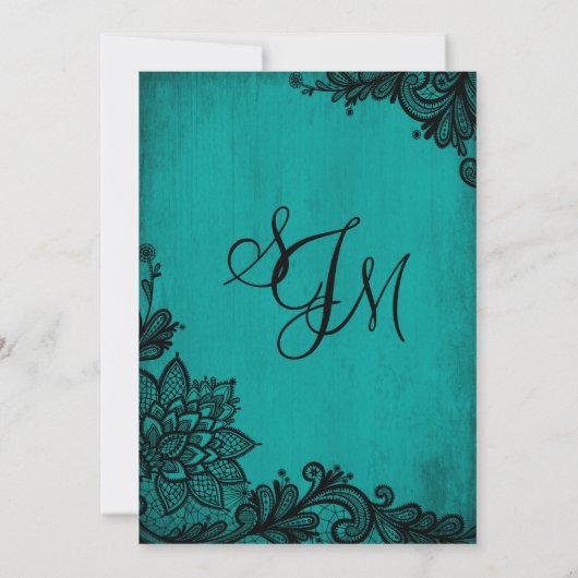 Aquamarine schwarze Spitze-gotische Einladung (Rückseite)