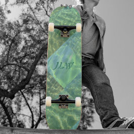 Aquamarine Seafoam Water Patchwork mit Initialen Skateboard