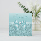Aquamarine Sequinen, Bow & Diamond Sweet 16 Einladung (Stehend Vorderseite)
