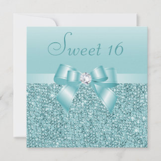 Aquamarine Sequinen, Bow & Diamond Sweet 16 Einladung