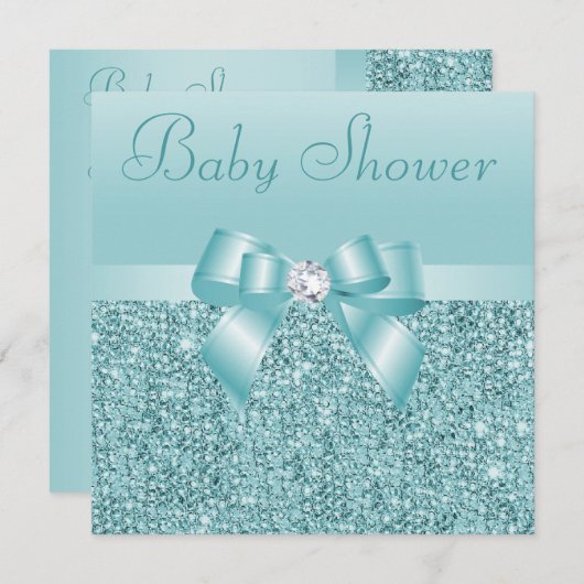 Aquamarine Sequins-, Bogen-u. Diamant-Baby-Dusche Einladung (Vorne/Hinten)