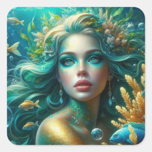 Aquamarine - Serie Mermaid Art Collection Quadratischer Aufkleber (Vorderseite)