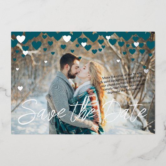 Aquamarine, Silberherzen, Winter- oder Valentinhoc Folieneinladung (Vorderseite)