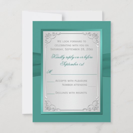 AQUAMARINE, silberne florale Antwortkarte mit DRUC RSVP Karte (Rückseite)