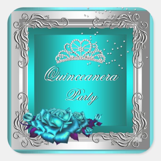 Aquamarine Silberne Rose Quinceanera 15. Geburtsta Quadratischer Aufkleber (Vorderseite)
