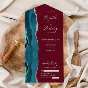 Aquamarine Silver Agate Burgundy Wedding All In One Einladung