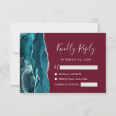 Aquamarine Silver Agate Burgundy Wedding RSVP Karte (Vorderseite)