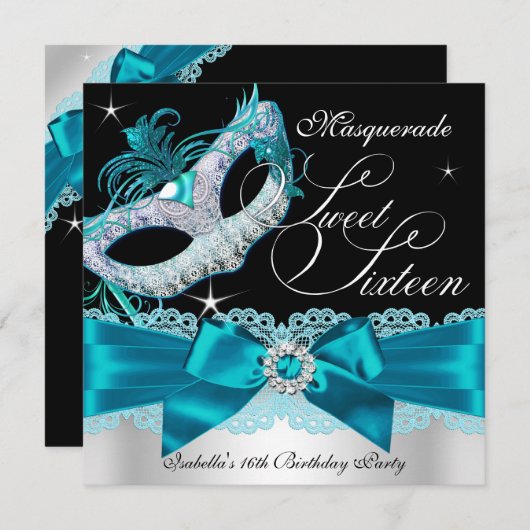 Aquamarine Silver Bow Masquerade 16 . Geburtstag e Einladung (Vorne/Hinten)