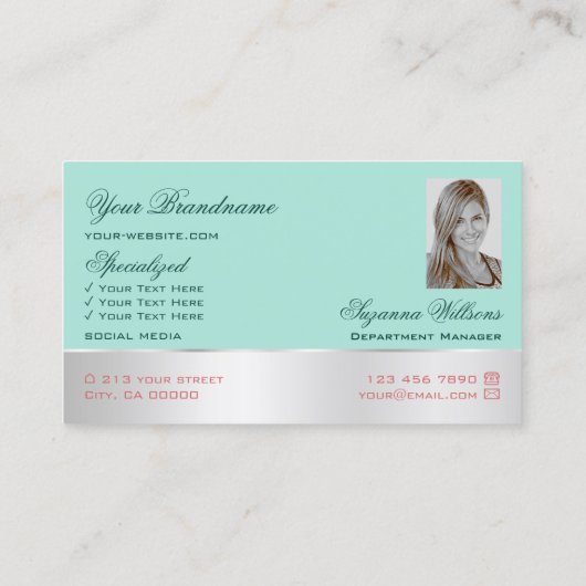 Aquamarine Silver Deco Rose Blume mit Logos und Fo Visitenkarte (Rückseite)