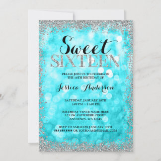 Aquamarine Silver Imitate Glitzer Lights Sweet 16 Einladung