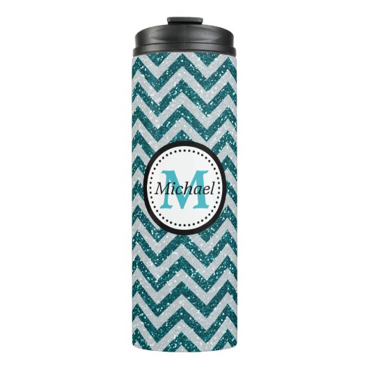 Aquamarine Silver Imitats Glitzer Monogramm Thermosbecher (Vorderseite)