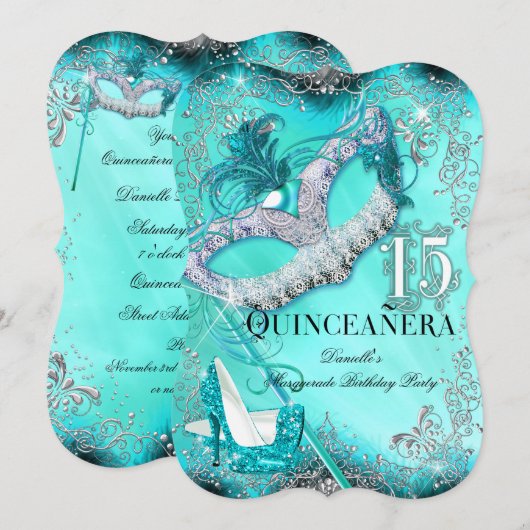 Aquamarine Silver Masquerade Quinceanera Geburtsta Einladung (Vorne/Hinten)