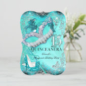 Aquamarine Silver Masquerade Quinceanera Geburtsta Einladung (Stehend Vorderseite)