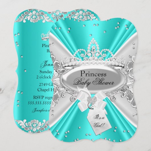 Aquamarine Silver Princess Tiara Baby Dusche einla Einladung (Vorne/Hinten)
