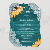 Aquamarine Sonnenblume Rustikale Holzblume Hochzei Einladung (Vorne/Hinten)