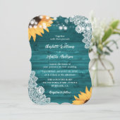 Aquamarine Sonnenblume Rustikale Holzblume Hochzei Einladung (Stehend Vorderseite)